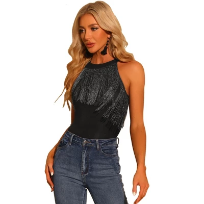 Allegra K Women's Party Neck Fringe Trim Sleeveless Halter Bodysuit 5 Allegra K Women's Party Neck Fringe Trim Sleeveless Halter Bodysuit - Image 5