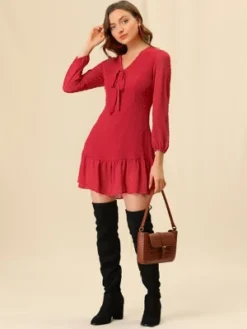 Allegra K Women’s Ruffle Hem Bow Tie V Neck Long Sleeve Swiss Dots Mini Dress