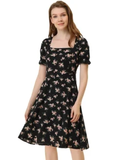 Allegra K Women's Floral Square Neck Midi Smocked A-line Dress -Allegra K GUEST b60d39ab 4918 479f 9367 78be24ce9ad0