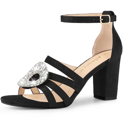 Allegra K Women's Crystal Rhinestone Buckle Chunky Heel Sandal 6 Allegra K Women's Crystal Rhinestone Buckle Chunky Heel Sandal - Image 6