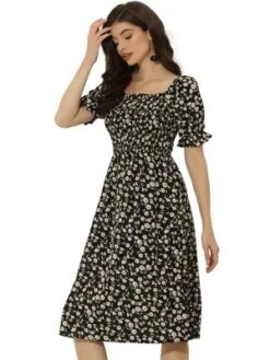 Allegra K Women's Square Neck Puff Sleeves Casual Midi Smocked Floral Dress -Allegra K GUEST b6406525 3ffc 46d7 befa d76ed7724805
