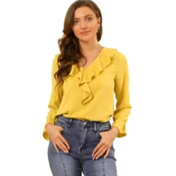 Allegra K Women's Office Work Ruffle V Long Sleeve Neck Chiffon Peasant Blouse -Allegra K GUEST b6481fd1 cf07 48d0 bf9d 25bf302f5427