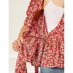 Allegra K Women's Peplum Waist Sweet Cherry Floral Crossover V Neck Ruffle Wrap Blouse -Allegra K GUEST b8bb1e06 1d7a 4669 919c 136d0f48834a