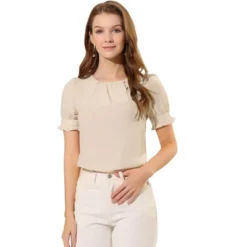 Allegra K Women's Round Neck Short Puff Sleeve Pleated Office Work Blouse -Allegra K GUEST b90a93a5 5a22 4747 855a 6997cc586828