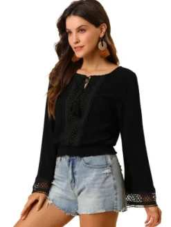 Allegra K Women's Round Neck Bell Long Sleeve Smocked Hem Cropped Blouse -Allegra K GUEST b950ff02 bdf4 4870 8a19 2e485f42a9cf