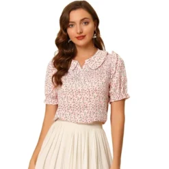 Allegra K Women's Peter Pan Collar Smocked Puff Short Sleeve Ruffle Floral Blouse -Allegra K GUEST b9665140 27b1 49ed 8e92 7b4ed809fdad