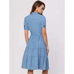 Allegra K Women's Summer V Neck Short Sleeve Button Down Tie Waist Chambray Shirt Dress -Allegra K GUEST b9838b58 f3a4 4970 920d 9cd9d0a3a6be