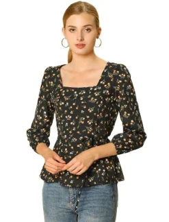 Allegra K Women's Floral Print Belted Waist Square Neck Vintage Peplum Blouse -Allegra K GUEST baca36b3 ede5 434a b5f3 ab82ea827338