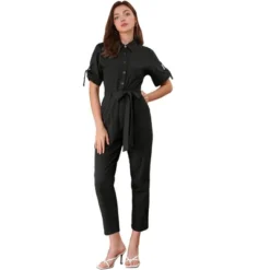 Allegra K Women's Short Sleeve Collared Cropped Coverall Button Down Tie Waist Cotton Cargo Jumpsuit -Allegra K GUEST bbf86abf d557 4775 ad63 418ec71e96e1