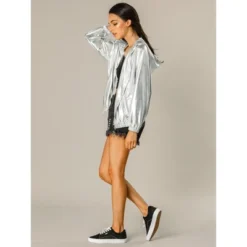 Allegra K Women's Holographic Shiny Long Sleeve Zipper Hooded Metallic Jacket -Allegra K GUEST bc536c05 6640 4c23 8704 b96792ab19d9