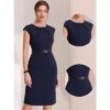 Allegra K Women's Elegant Business Round Neck Belted Cap Sleeve Work Sheath Dresses