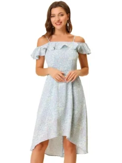 Allegra K Women's Spaghatti Straps Ruffled Sleeves Asymmetrical High Low Floral A-Line Midi Dress -Allegra K GUEST bcc08965 1ec5 4256 ab96 f83e5a0e0f77