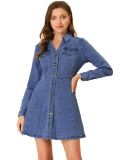 Allegra K Women's Button Down Collar V Neck Long Sleeve A-line Jean Denim Dress -Allegra K GUEST bcc7fd49 eb5c 4f0e 93d9 b83588cde5bb