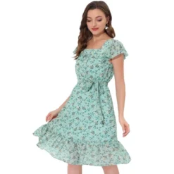 Allegra K Women's Floral Chiffon Flutter Sleeve Belted Square Neck Ruffled Hem Dress -Allegra K GUEST bd039b2d a2b8 4764 b1ad 0fe56887fddc