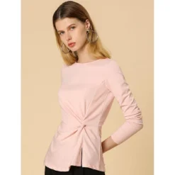 Allegra K Women's Comfort Round Neck Twist Front Long Sleeve Blouse Basic Top