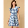 Allegra K Women's Casual Ruffled Sleeve A-Line Vintage Gingham Check Sundress