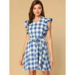 Allegra K Women's Casual Ruffled Sleeve A-Line Vintage Gingham Check Sundress