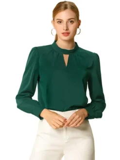 Allegra K Women's Office Keyhole Elegant Stand Collar Long Sleeve Chiffon Blouses -Allegra K GUEST bd675122 26c9 472f 964b 2061a5a067bf