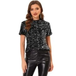 Allegra K Women's Sequin Velvet Crew Neck Short Sleeve T-shirt -Allegra K GUEST bdd2176d 49f5 402d 8919 bdf71651bc22