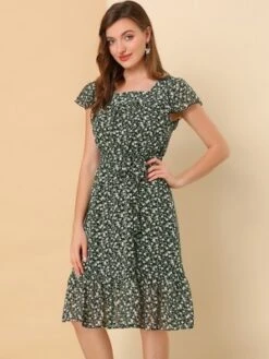 Allegra K Women's Floral Chiffon Flutter Sleeve Belted Square Neck Ruffled Hem Dress