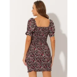 Allegra K Women's Puff Short Sleeve Sweetheart Neck Floral Smocked Bodycon Mini Dress -Allegra K GUEST be187ac8 9060 475c bb5f dfa379a9588e