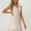 Allegra K Women's Summer Sleeveless V Neck Tie Waist Floral Print Ruffled Wrap Mini Dress