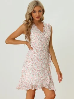 Allegra K Women's Summer Sleeveless V Neck Tie Waist Floral Print Ruffled Wrap Mini Dress