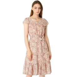 Allegra K Women's Floral Chiffon Flutter Sleeve Belted Square Neck Ruffled Hem Dress -Allegra K GUEST be722373 e3d4 4979 97f4 4c08ae18d298