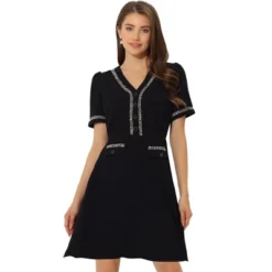 Allegra K Women's V Neck Half Placket Short Sleeve Textured A-Line Dress -Allegra K GUEST be98af1a ec6f 45f8 b4ab de68ea8b1ded