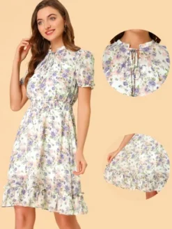 Allegra K Women's Floral Ruffle Hem Short Sleeve A-Line Smocked Chiffon Dress