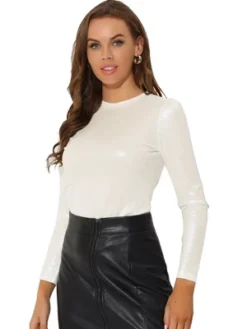 Allegra K Women's Long Sleeve Sparkly Party Glitter Shiny Metallic Tops -Allegra K GUEST bedf8a95 715e 45aa 87eb dd1a94363937