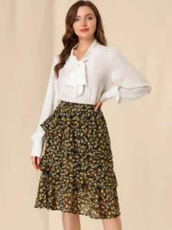 Allegra K Women's Floral Layered Elastic Waist Chiffon Ruffle Midi Skirt -Allegra K GUEST bee4ceaf c5cb 4f5e a793 22a7fb397191