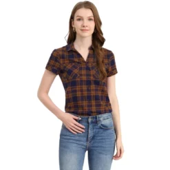 Allegra K Women's Point Collar Short Sleeve Button Down Plaid Shirt -Allegra K GUEST bee995cd 1d5f 4654 a37a 830820ff0db4