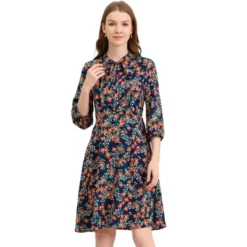 Allegra K Women's Floral Tie Neck 3/4 Sleeve Office Work Midi Flowy Flare Dress -Allegra K GUEST beefdcde 8ef2 4cc8 900f 858b83ce60e7