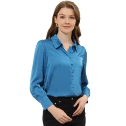 Allegra K Women's Satin Puff Sleeve Point Collar Vintage Button Up Shirt -Allegra K GUEST bf070937 21e2 4e20 bcdd e3e569e4602f