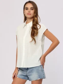 Allegra K Women's Everyday Casual Summer Linen Button Down Cap Sleeve Cotton Collar Shirts -Allegra K GUEST bf6140ce 332b 4484 8a64 187f5eb67484