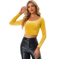 Allegra K Women's Velvet Scoop Neck Long Sleeve Solid Crop Top -Allegra K GUEST bf66fcfb a96e 42d1 9414 5335d05bba78