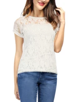 Allegra K Women Curved Hem Sheer Short Sleeves Floral Lace Blouse Top -Allegra K GUEST bf8bd60e f411 4782 bcb2 1c56a2f34a51