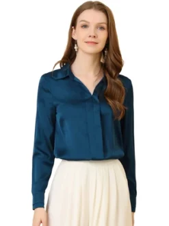 Allegra K Women's Elegant V Neck Long Sleeve Office Work Satin Blouse -Allegra K GUEST bfd6c4ba c759 42eb bd28 1ae6846fd36c