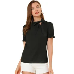 Allegra K Women's Bow Tie Neck Elegant Office Short Sleeve Blouse -Allegra K GUEST c01fbe28 7f19 4960 a708 34c0705720ef