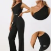 Allegra K Women's One-Shoulder Dressy Sleeveless Belt Wide Leg Rompers