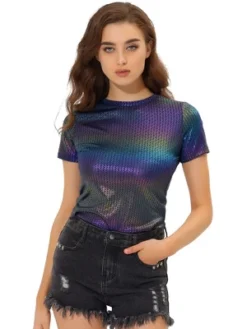 Allegra K Women's Party Metallic Textured Short Sleeve Shiny T-shirts -Allegra K GUEST c271c183 2a8b 4dd1 95a9 5d3436c06a20