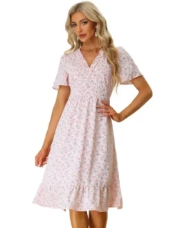 Allegra K Women's Casul Ruffle Dress Short Sleeve V Neck Floral Midi Dresses -Allegra K GUEST c30d8b77 6644 4eec b77f 37debe0ef16a
