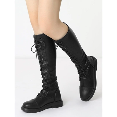 Allegra K Women's Lace Up Round Toe Flat Low Heel Knee High Boots 1 Allegra K Women's Lace Up Round Toe Flat Low Heel Knee High Boots