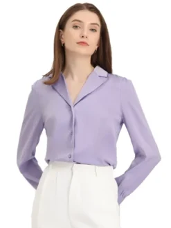 Allegra K Women's Elegant Collar V Neck Long Sleeve Work Office Satin Button Down Shirt -Allegra K GUEST c473e445 64e9 4134 8639 612ecfd272f4
