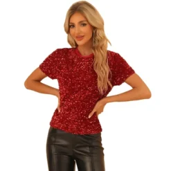 Allegra K Women's Sequin Velvet Crew Neck Short Sleeve T-shirt -Allegra K GUEST c4981441 a77c 43b0 b509 be546de9e89d