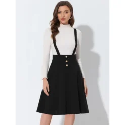 Allegra K Women's High Waist Solid Color Button Decor Flared Midi Suspender Skirt