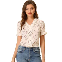 Allegra K Women's Short Sleeve Ruffle V Neck Cherry Printed Vintage Floral Summer Peasant Blouse -Allegra K GUEST c4fc9903 045e 4224 9f8e 36cef3822669