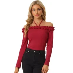 Allegra K Women's Tie Halter Off-Shoulder Ruffle Lettuce Trim Slim Fit Long Sleeve Shirt -Allegra K GUEST c5a4c7e7 7301 4c62 ad85 3c25647b7484