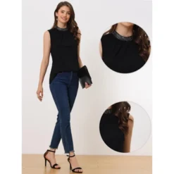 Allegra K Women's Sequin Neck Sleeveless Casual Pleated Front Blouse Top